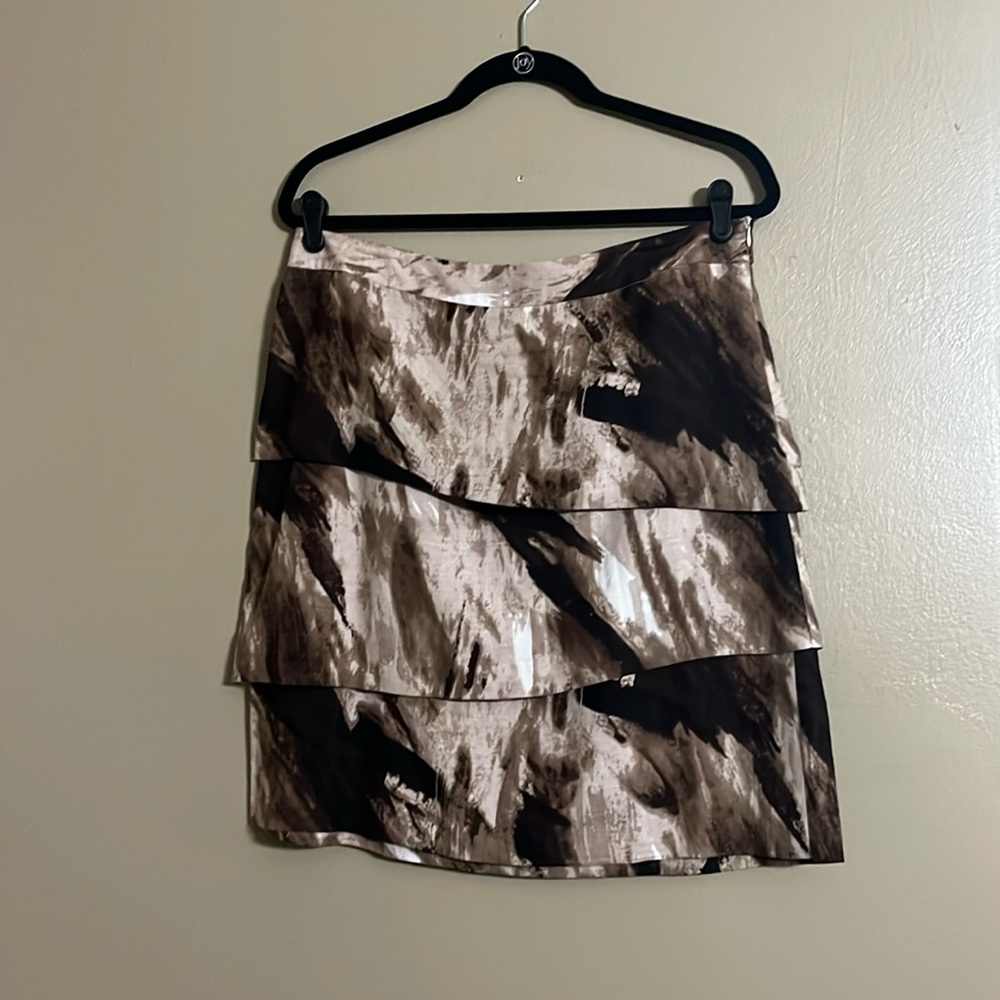 Adrienne Vittadini Skirt Sz 10 Brown/Cream Tiered Abstract Linen Work Career